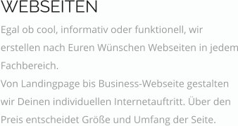 WEBSEITEN Egal ob cool, informativ oder funktionell, wir erstellen nach Euren Wünschen Webseiten in jedem Fachbereich.  Von Landingpage bis Business-Webseite gestalten wir Deinen individuellen Internetauftritt. Über den Preis entscheidet Größe und Umfang der Seite.